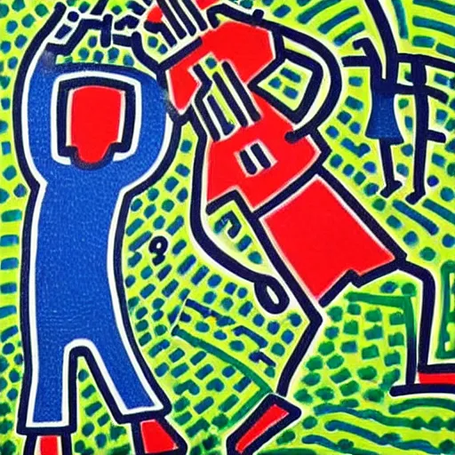 Prompt: Keith haring style painting of man playing disc golf