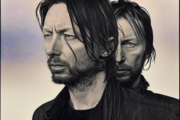 Image similar to hyper realistic portrait of thom yorke singer songwriter, side, liminal space, inside empty parking lot, by lee bermejo, alphonse mucha and greg rutkowski