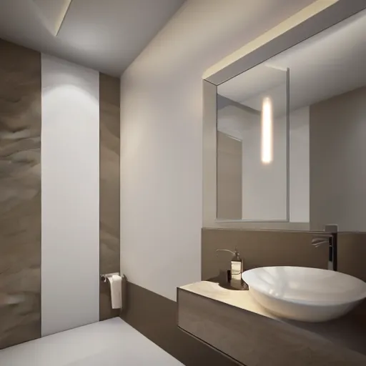 Image similar to bathroom with warm white led strip lighting, photorealistic, product render