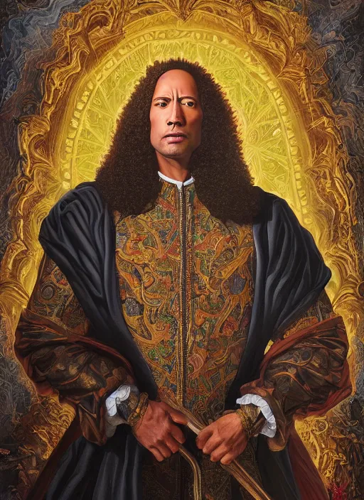 Image similar to beautiful oil painting, portrait of Dwayne the rock Johnson as Louis xiv in coronation robes 1701, Dan Mumford, dan Mumford, Dan Mumford, Alex grey, Alex grey, lsd visuals, dmt fractal patterns, entheogen, psychedelic, hallucinogen, coherent, highly detailed, ornate, vaporwave