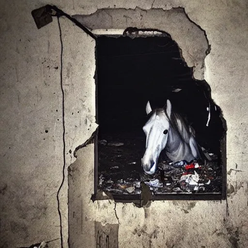 Image similar to “photo of a ripped, filthy dirty off-white t-shirt with the picture of a horse on it, hanging on a dirty concrete wall in a dark room with the floor covered in trash and garbage. Flash photo. Cursed image.”