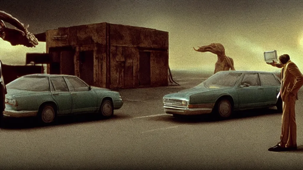 Prompt: the hip creature sells a used car, film still from the movie directed by denis villeneuve and david cronenberg with art direction by salvador dali and zdzisław beksinski, wide lens