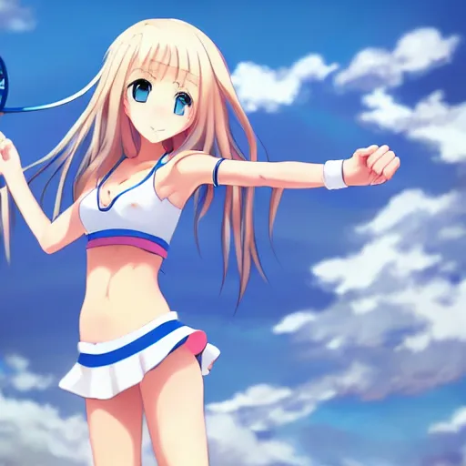 Image similar to a very beautiful young anime tennis girl, full body, long wavy blond hair, sky blue eyes, full round face,, bikini, miniskirt, front view, mid - shot, highly detailed, cinematic wallpaper by wlop
