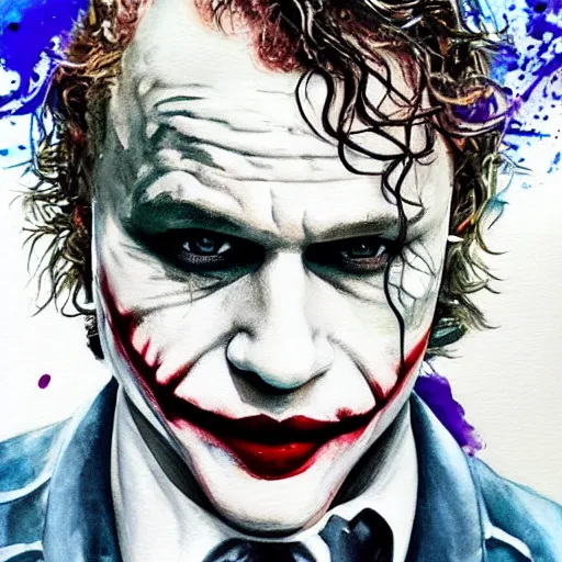 Prompt: heath ledger as the joker underwater, watercolor painting, hyper realistic, 4 k, artstation, smooth