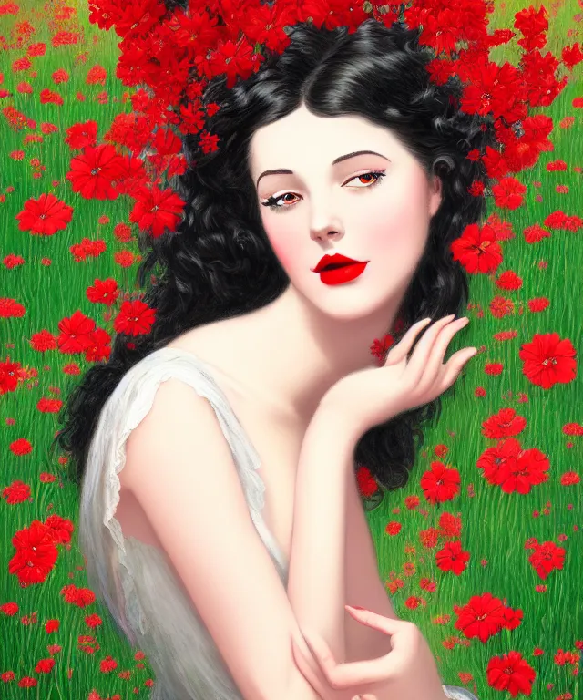 Image similar to happy girl with black hair, red lips, lying in a field of flowers, highly detailed, matte painting, french rococo painting, illustration,