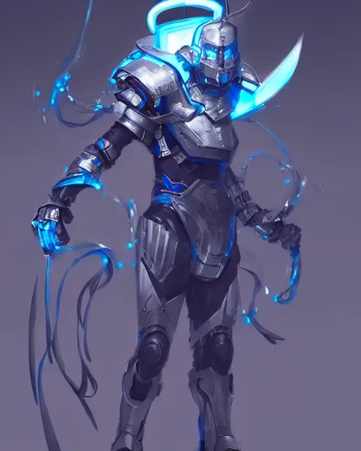 Prompt: concept art of a futuristic warrior with large fangs, blue glow, robotic wires, sleek design | | cute - fine - fine details by stanley artgerm lau, wlop, rossdraws, and sakimichan, trending on artstation, brush strokes