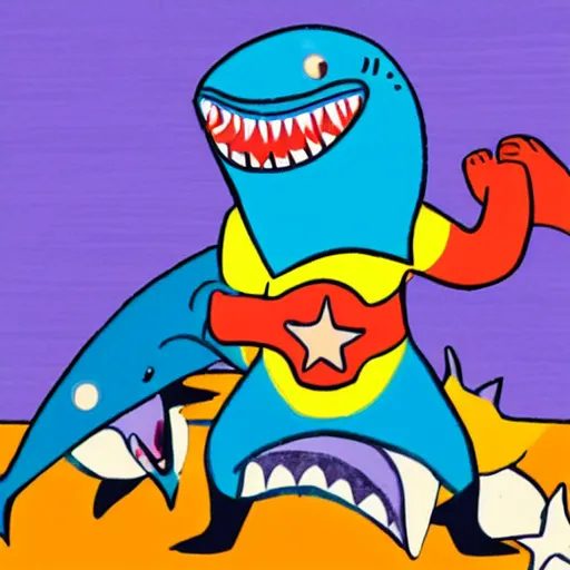 Image similar to a children's book illustration of a luchador wrestling a shark