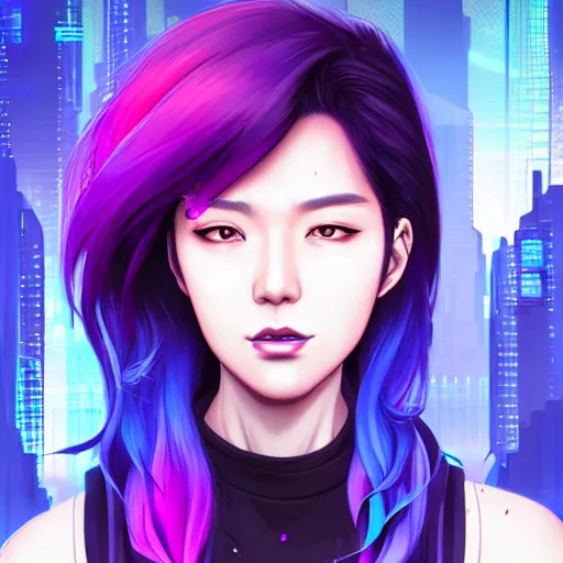 Prompt: a portrait of a young asian cyberpunk woman with purple hair, art by lois van baarle and loish and ross tran and rossdraws and sam yang and samdoesarts and artgerm and saruei and disney, digital art, highly detailed, intricate, sharp focus, trending on artstation hq, deviantart, unreal engine 5, 4 k uhd image