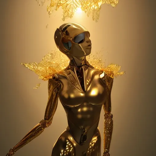 Prompt: a highly detailed digital image of an elegantly posed futuristic robot beautifully swimming, suspended and intertwined from golden liquid like leaves, full body shot, by Andrew Chiampo, artstation, and Frederik Heyman, extremely detailed woman, stunning volumetric lighting, hyper realism, fantasy 4k