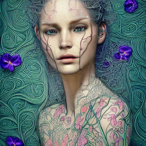 Image similar to the portrait of an incredibly beautiful woman made of potatoes roots and violets, an ultrafine detailed illustration by james jean, final fantasy, intricate linework, bright colors, behance contest winner, vanitas, angular, altermodern, unreal engine 5 highly rendered, global illumination, radiant light, detailed and intricate environment