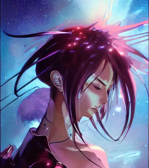 Prompt: stephan martiniere painting of an anime woman, direct flash photography at night, film grain