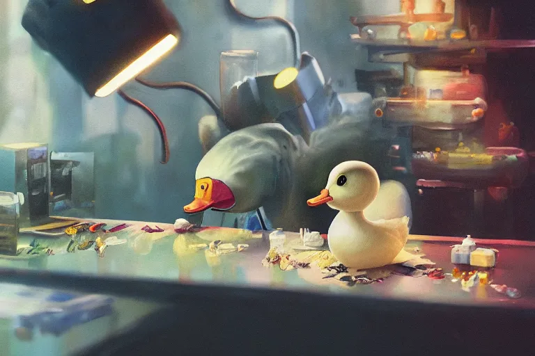 Image similar to A mixed media painting of a scientist duck working in a pcr and microbiology lab, by Frank Frazetta, Greg Rutkowski, Beeple, kawaii, post-processing, low angle, masterpiece, cinematic, isometric, volumetric lighting