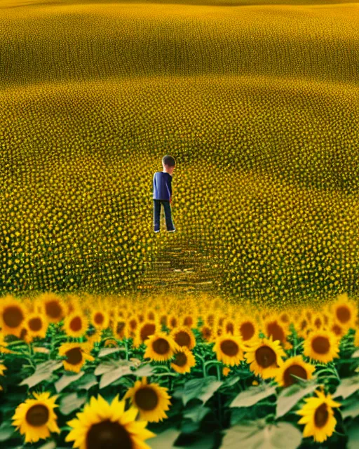 Image similar to boy standing on a hill looking down into the valley of sunflower fields, hills, cliffs, yellow sunflowers by beeple