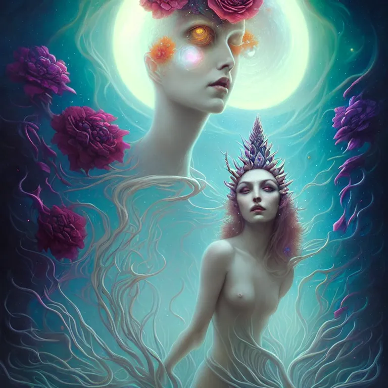 Prompt: skewed in the void of psychedelic, by by peter rohrabacher annatto finnstark. stunning luna goddess of flowers and edible plants, by charlie bowater tom bagshaw, detailed, space art. sparkling atom fractules of skulls and robots deep under the spine, fantasy, surrealist pop painting, and beeple and cgsociety