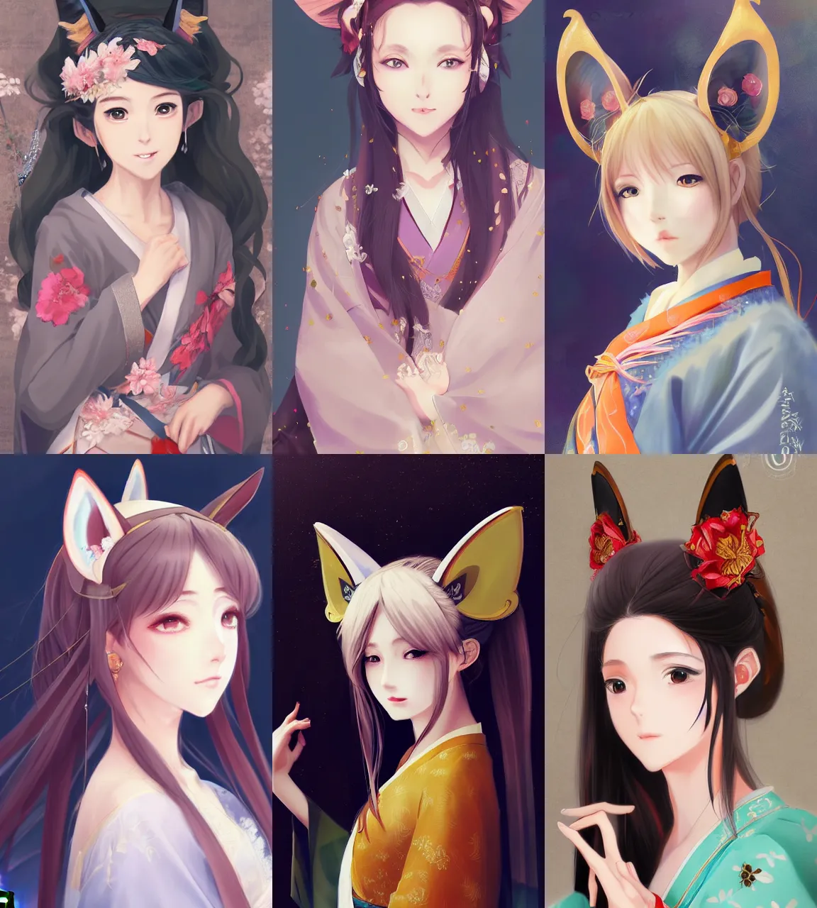Prompt: A realistic anime portrait of a beautiful young noblewoman with fox ears wearing a kimono, digital painting, by WLOP and Rossdraws, digtial painting, trending on ArtStation, deviantart