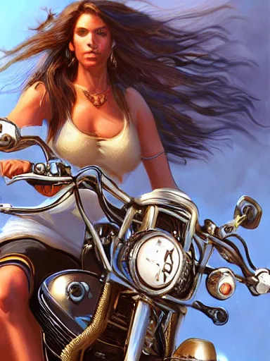 Prompt: handsome man with long hair riding a harley davidson. intricate, elegant, highly detailed, digital painting, artstation, concept art, sharp focus, illustration, by justin gerard and artgerm, 8 k