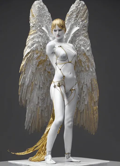 Image similar to a statue made of white marble with gold veins, of an beautiful gorgeous futuristic cybernetic angel girl, prostheses, transhumanism, full body shot, perfect symmetrical body, perfect symmetrical face, hyper realistic, hyper detailed, by johannen voss, by peter kemp, by monia merlo, by michelangelo, octane render, blender, 8 k