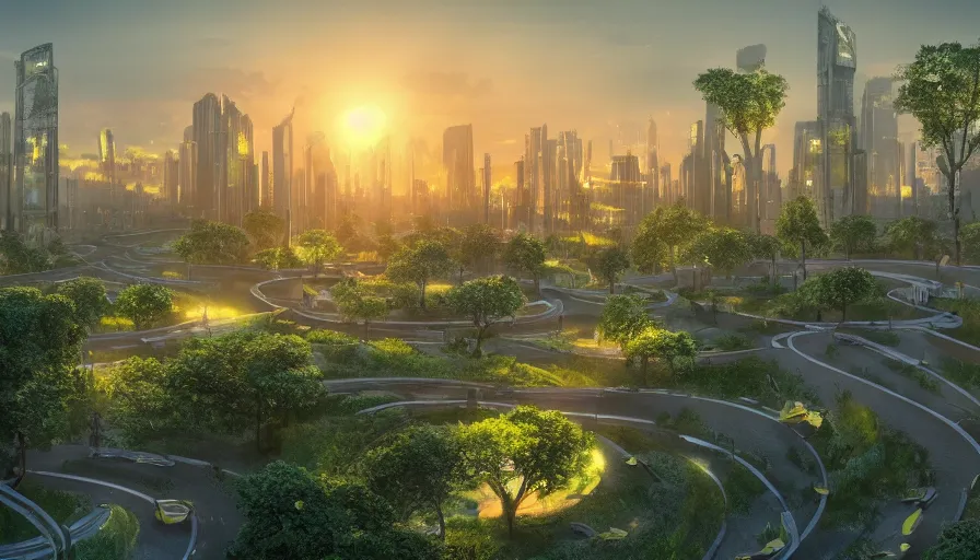 Image similar to photo of sunrise over a beautiful solarpunk city, many trees, flying cars, dramatic lighting, romantic, eco system, hyper realistic,