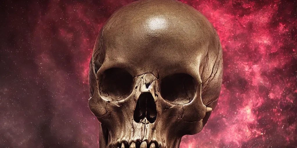 Image similar to an alien skull closeup, studio lighting, deep colors, apocalyptic setting, gross, evil