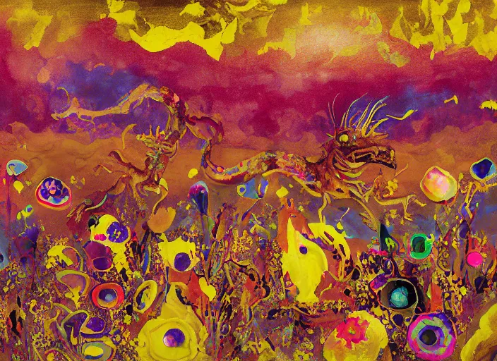 Prompt: expressionistic decollage painting golden armor alien zombie horseman riding on a translucent bone dragon broken rainbow diamond maggot horse in a blossoming meadow full of colorful mushrooms and golden foil toad blobs in a golden sunset, distant forest horizon, painted by Adrian Ghenie, Helen Frankenthaler, Danny Fox and Hilma af Klint, pixelated, semiabstract, color field painting, byzantine art, voxel art, pop art look, naive, outsider art. Mark Rothko painting, part by Philip Guston and Frank Stella art by Barnett Newman, 8k, extreme detail, intricate detail, masterpiece