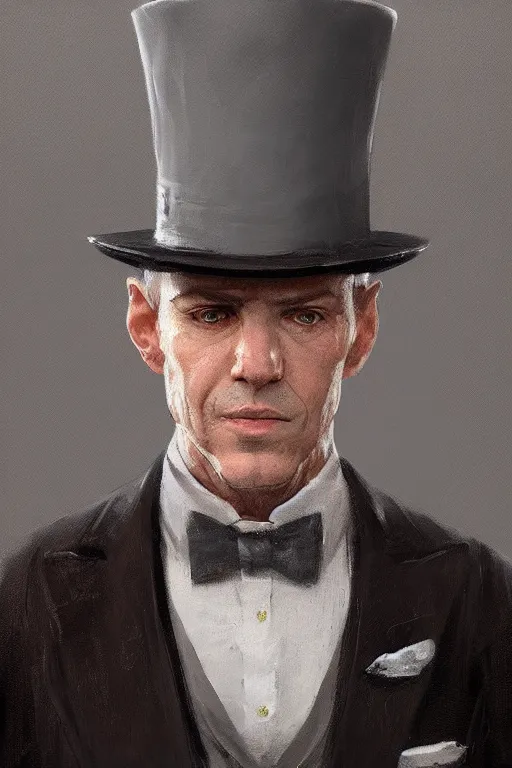 Image similar to a grey hair halfling with stubble top hat and suit by Greg Rutkowski, painting, portrait, high details, trending on artstation