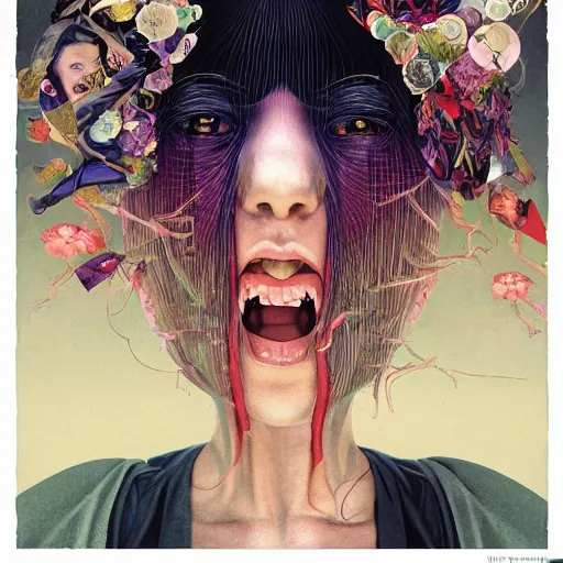 Image similar to portrait of crazy screaming beautiful singer sia kate isobelle furler, big ribbon, ymmetrical, by yoichi hatakenaka, masamune shirow, josan gonzales and dan mumford, ayami kojima, takato yamamoto, barclay shaw, karol bak, yukito kishiro