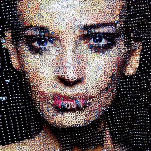 Image similar to beautiful portrait of a woman made from magazine clipplings, mcu, contrast, texture,