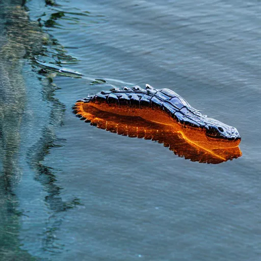 Prompt: a transparent alligator, aluminum, in the water, eclipsed sun, bright red horizon