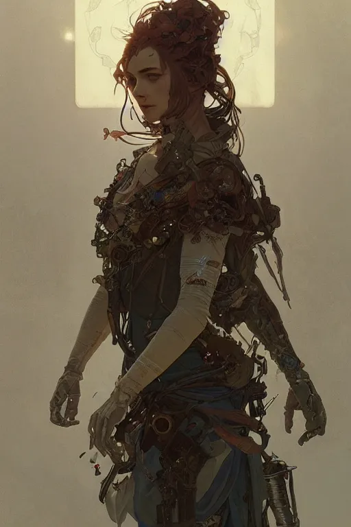Image similar to A full portrait of a beautiful post apocalyptic offworld watchmaker, intricate, elegant, highly detailed, digital painting, artstation, concept art, smooth, sharp focus, illustration, art by Krenz Cushart and Artem Demura and alphonse mucha