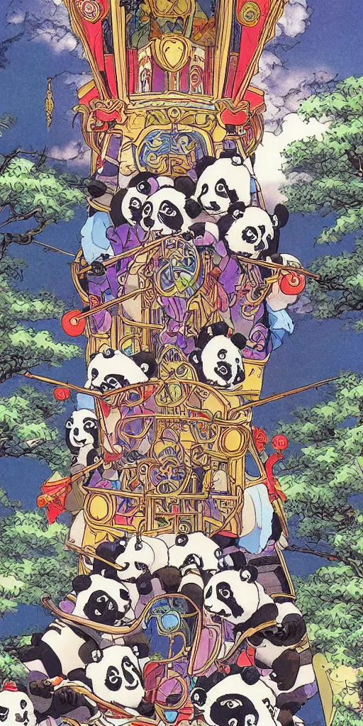 Prompt: a chariot drawn by pandas in japan, 1990s anime, full color, tarot card the chariot,