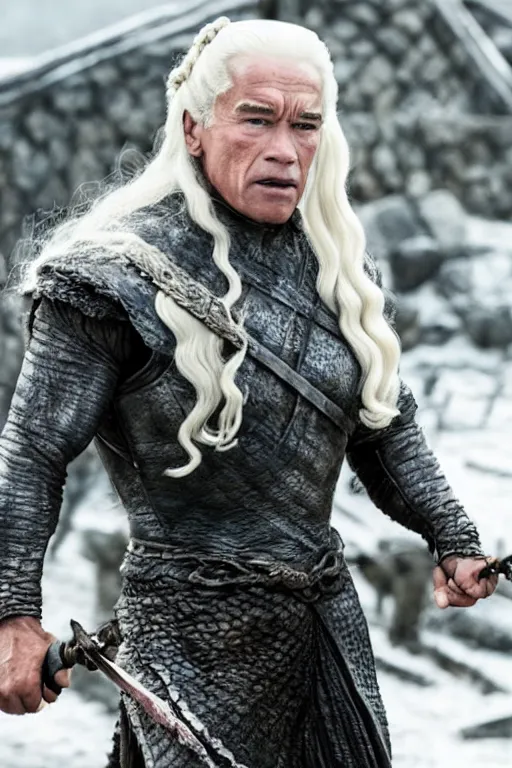 Prompt: still of arnold schwarzenegger as daenerys targaryen in game of thrones ( 2 0 1 1 ), promotional still