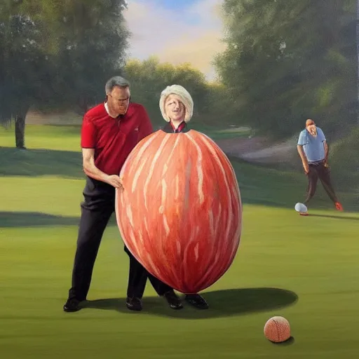 Prompt: A hyper realistic painting of old times politicians with wigs, playing American football with a watermelon on a golf course. Award winning, 4K