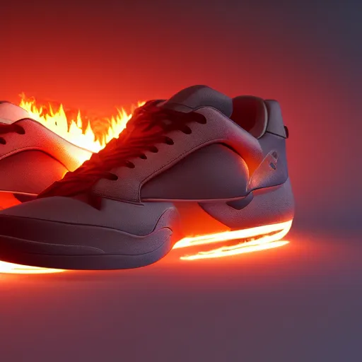 Prompt: 3d render of an fire sneaker on a room, flames, burning, coherent, symmetrical, cinematic, hyper realism, high detail, octane render, unreal engine, 8k, Vibrant colors, Smooth gradients, High contrast, trending on artstation