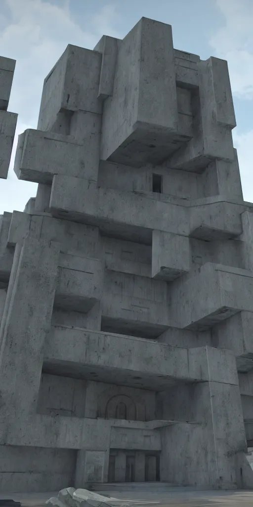 Image similar to a brutalist temple building from the halo universe