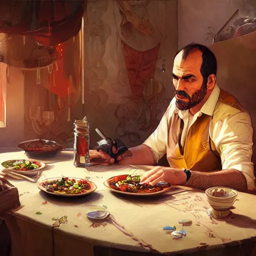 Image similar to trevor philips eating moroccan tagine, highly detailed, digital painting, artstation, concept art, smooth, sharp focus, illustration, art by artgerm and greg rutkowski and alphonse mucha