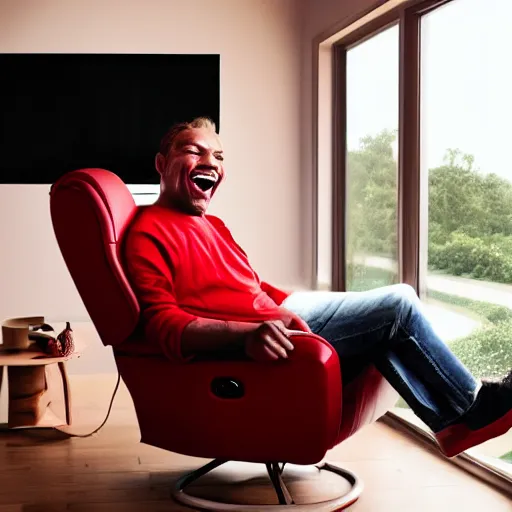 Prompt: A red man sitting on a leather reclining chair laughing at a TV. Cinematic lighting, dream like.