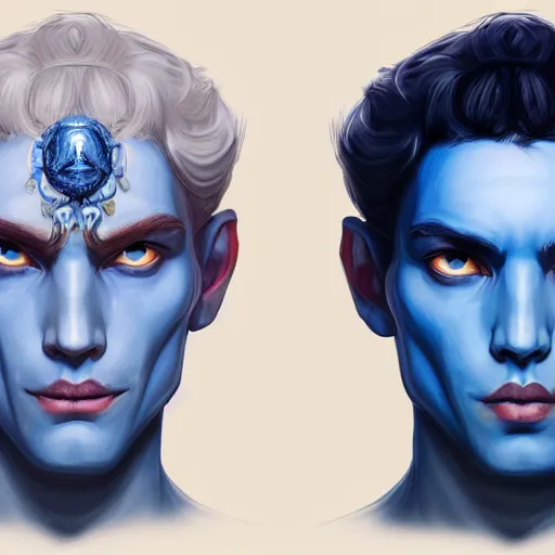 Prompt: head-on symmetrical centered painted portrait, a blue-skinned man in his twenties as a D&D wizard, fantasy, intricate, elegant, highly detailed, digital painting, smooth, sharp focus, illustration, artstation, in the style of Artgerm and Anna Podedworna and Alex Ross