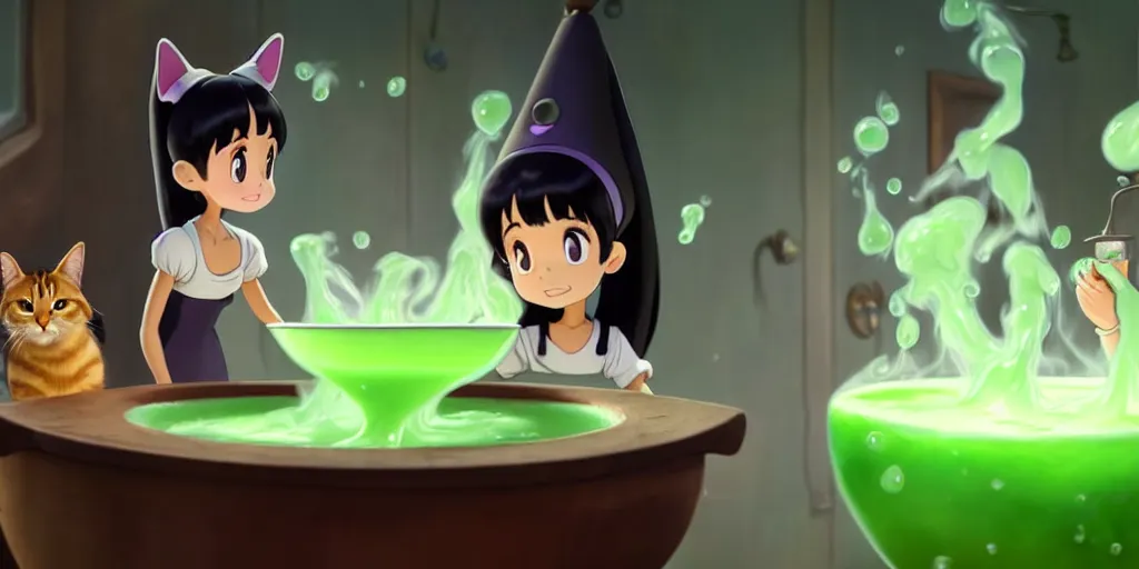 Image similar to a wholesome animation key shot of a ariana grande with black hair as a witch cooking a magic potion in her cauldron of bubbling green liquid as her cats watch, medium shot, waist up, studio ghibli, pixar and disney animation, sharp, rendered in unreal engine 5, anime key art by greg rutkowski, bloom, dramatic lighting