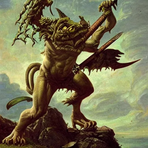 Image similar to dog - faced muscular goblin, ugly face, lizard tail, holding scimitar made of bone, scimitar, sword, jagged sword, curved sword, orkish sword, colorized, green skin, hyper - detailed, primeval fantasy, prehistoric fantasy, art by jacques - louis david