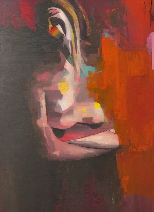 Image similar to a beautiful glitched painting by christian hook and alex kanevsky of a woman in a bathroom, still life, warm colors