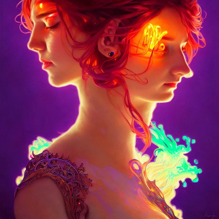 Image similar to bright asthetic portrait LSD glowing liquid, fantasy, intricate, elegant, dramatic lighting, highly detailed, lifelike, photorealistic, digital painting, artstation, illustration, concept art, smooth, sharp focus, art by John Collier and Albert Aublet and Krenz Cushart and Artem Demura and Alphonse Mucha