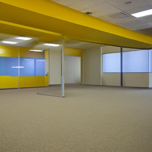 Prompt: A color film photograph of an empty endless office space, yellow walls, moist carpet, fluorescent lights, no furniture, no windows