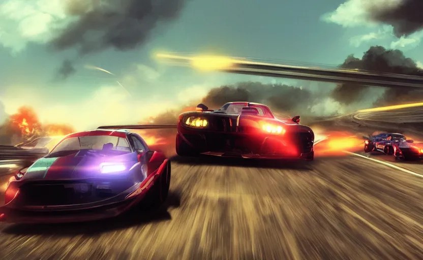 Image similar to a commercial art for a racing movie with lot of motion blur, cinematic, dramatic, artstation, epic