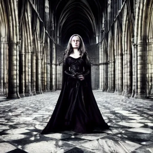 Prompt: emilia clarke as a goth temptress in a gloomy gothic cathedral at night