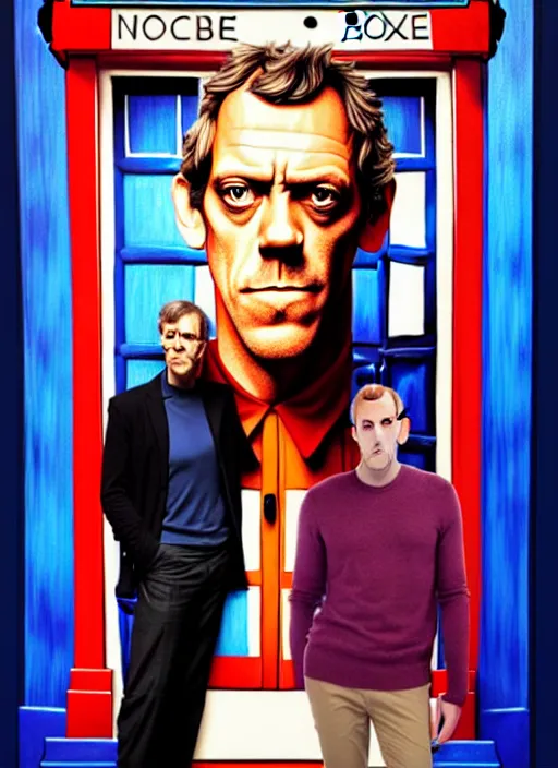 Image similar to portrait of hugh laurie standing next to the tardis from doctor who, portrait, pixar style, by tristan eaton stanley artgerm and tom bagshaw.