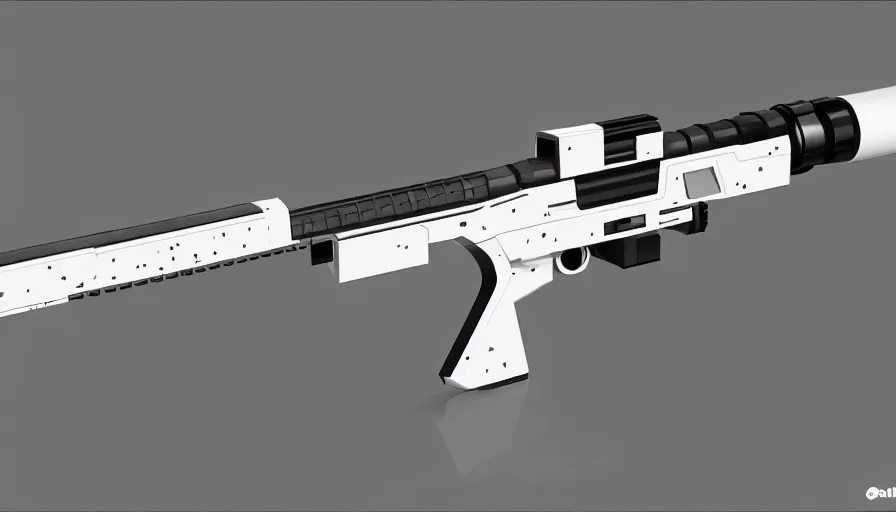 Image similar to extremely detailed ultra realistic photographic side view ultra minimalist coilgun rifle, detailed trigger, chemically propelled, electric, smooth streamline, elegant sleek smooth body, white paint, battery and wires, railgun, chemrail, gauss, smooth utopian design, ultra high quality, octane, cod, destiny, warframe, terminator