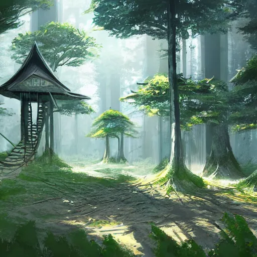 Image similar to concept art painting of treehouses made out of trees, walkways between trees, trees with doors and windows in a deep forest, realistic, detailed, cel shaded, in the style of makoto shinkai and greg rutkowski and james gurney