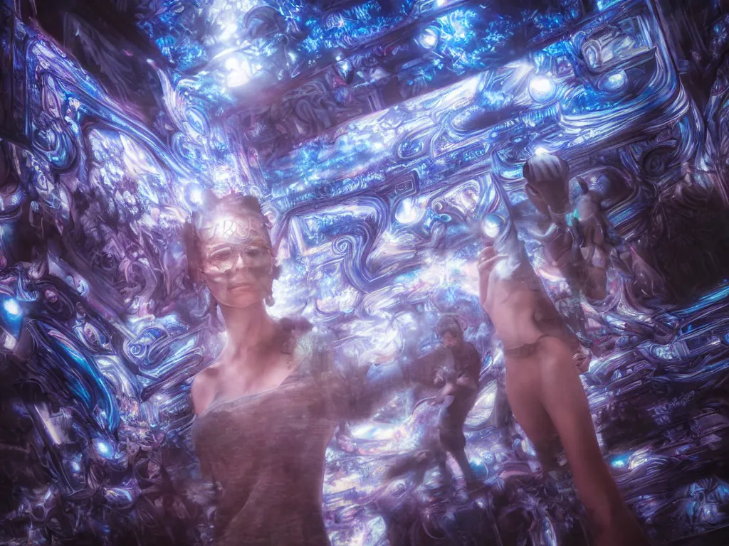Image similar to cinematic shot epic fractal halls of creativity, walls of large moving images, hyper realistic, mood lighting, fantasy, detailed people creating beautiful diverse large holographic art, highly detailed, super realistic, point of view of visor wearer, air hands painting art in the air!, perfect lighting pixel sorting