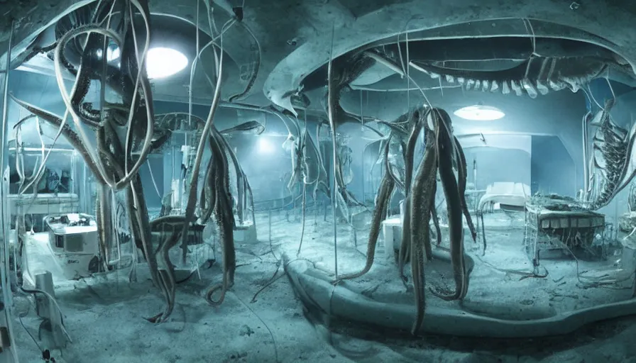 Prompt: Big budget horror movie set in an undersea biolab run by cyborgs, where a giant squid is injected with radioactive serum