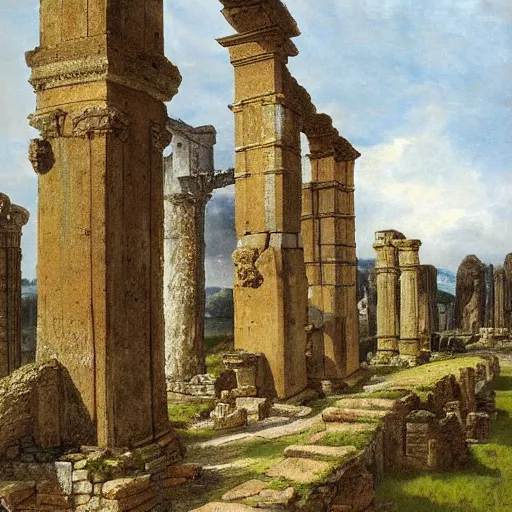 Prompt: roman ruins in the english countryside, dark ages, 8 th century, by james gurney